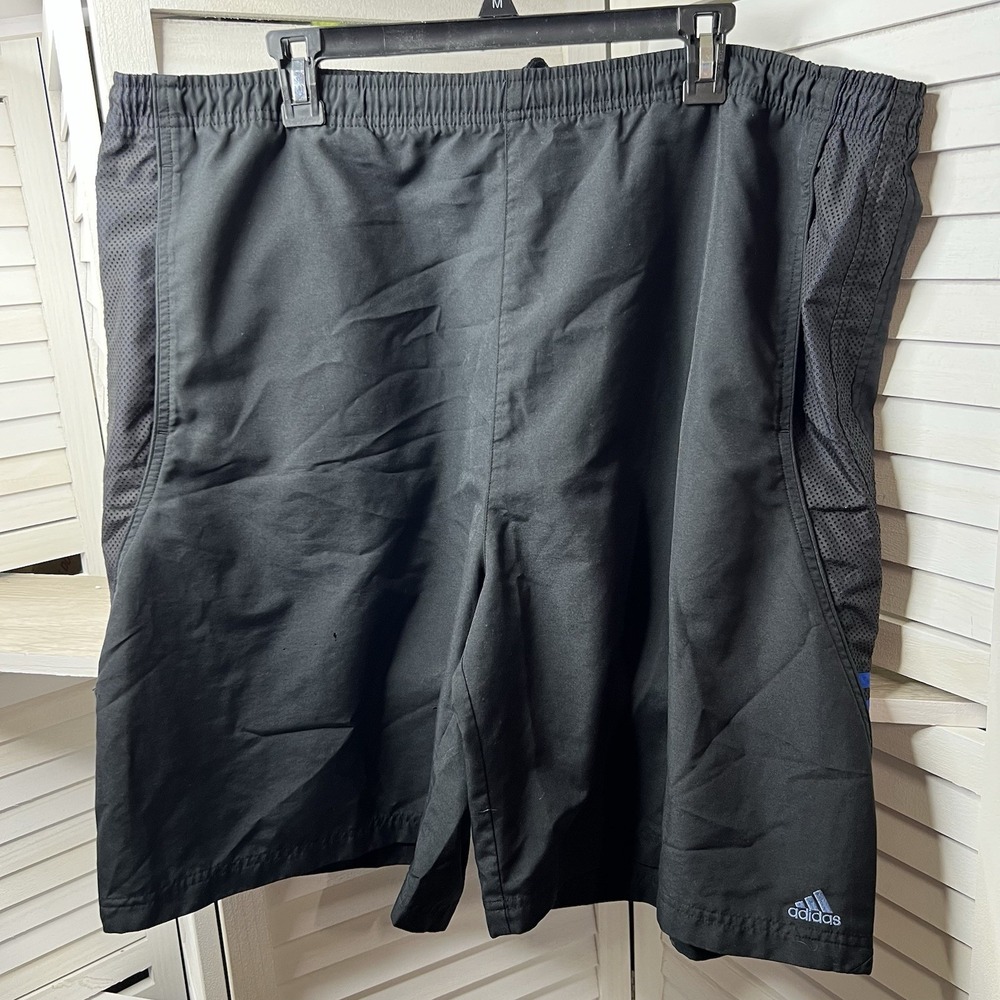 Adidas Black Mesh Panel Shorts Size 2XL Vintage 2002 Blue Stripe‎ Logo *Flaw